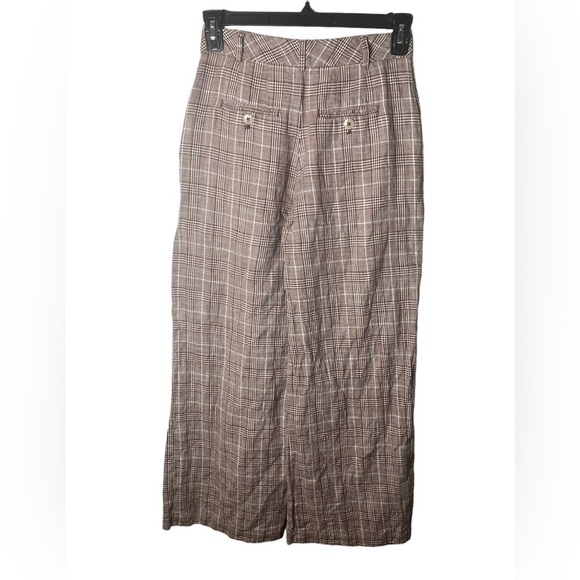 Maeve Pleated Plaid Brown High Rise Linen Wide Leg Trousers Pants - Picture 6 of 9